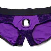 Lace Envy Crotchless Panty Harness - S- M Black and Purple