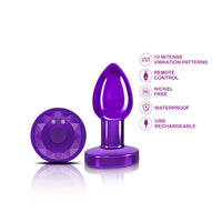 Cheeky Charms - Rechargeable Vibrating Metal Butt  Plug With Remote Control - Purple - Small -  Preorder Only